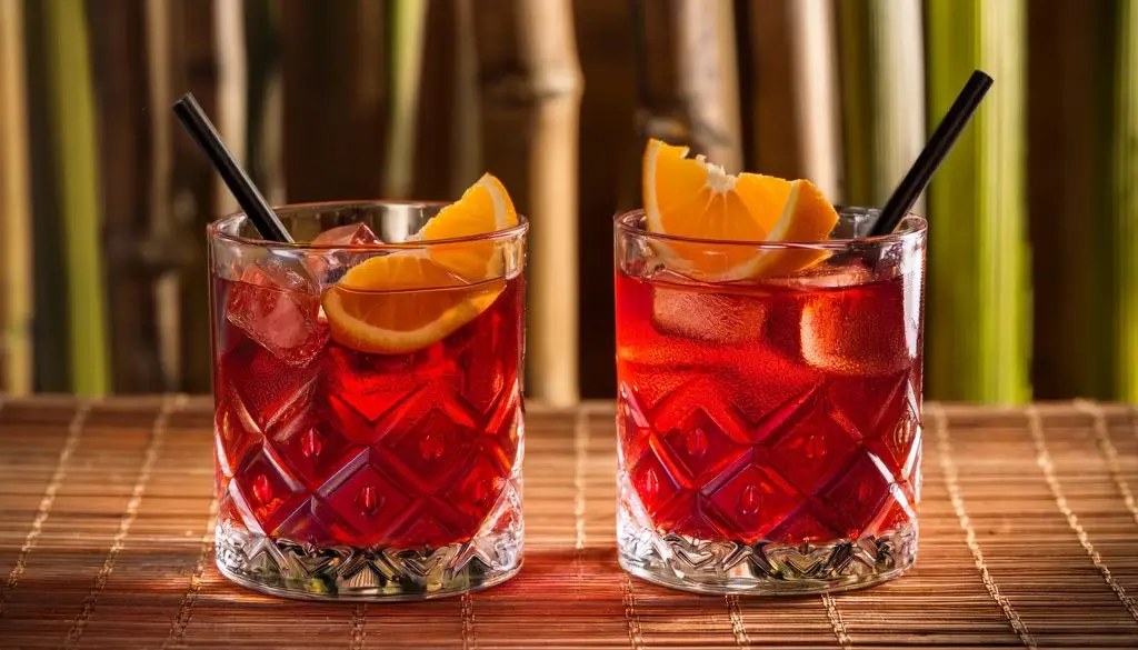 Two bright red Kingston Negronis with orange garnish, bamboo in the background