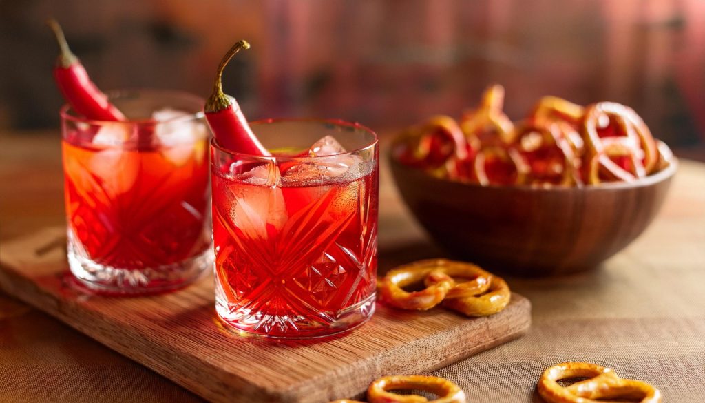 Two Spicy Negronis served on a wooden board with a bowl of pretzels