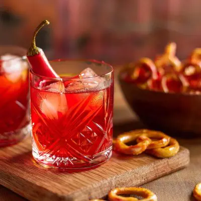 Two Spicy Negronis served on a wooden board with a bowl of pretzels