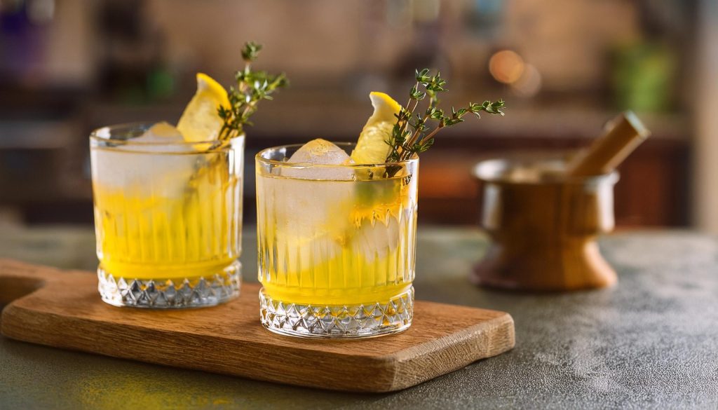 Two White Negroni cocktails with lemon and thyme garnish