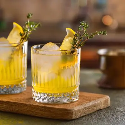 Two White Negroni cocktails with lemon and thyme garnish