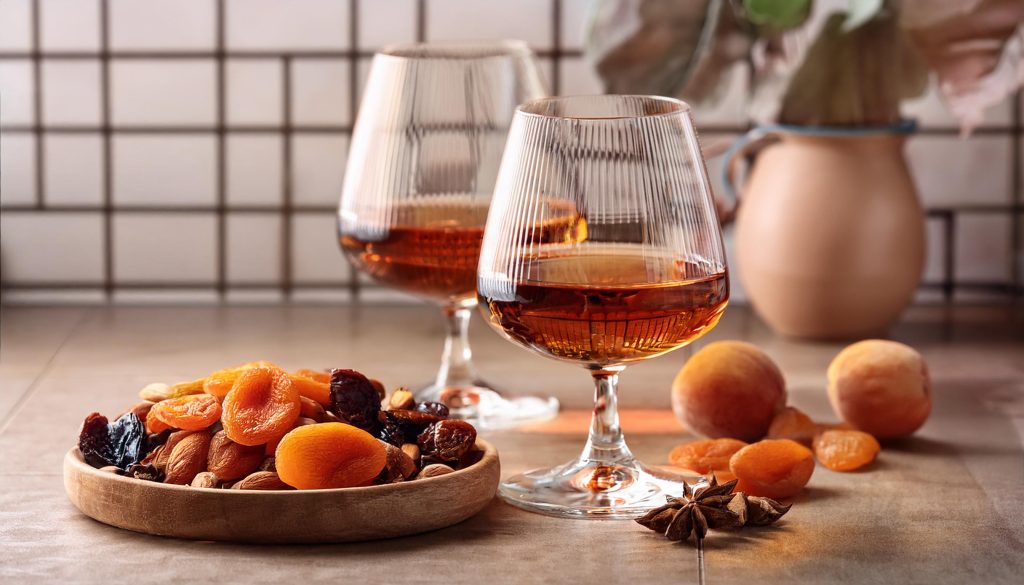 Two glasses of Cognac served with dried fruit