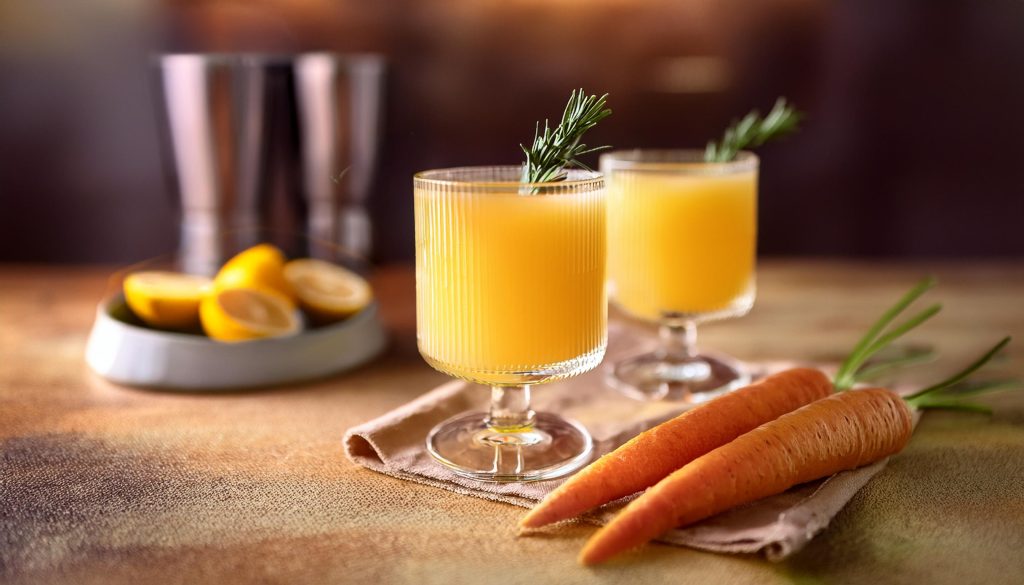 Two Grin and Carrot cocktails with rosemary garnish next to two carrots in a beige colored kitchen