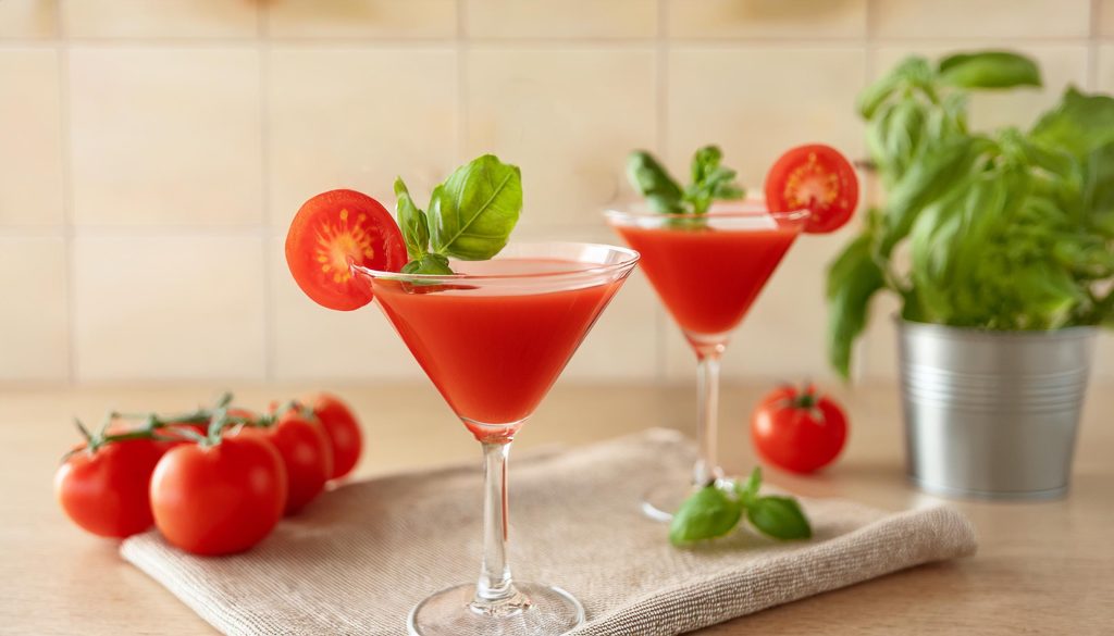 Two Tomato Martini savoury cocktails with fresh basil garnish