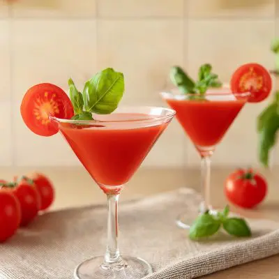 Two Tomato Martini savoury cocktails with fresh basil garnish