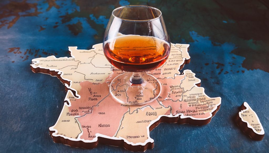 An abstract map of France with a glass of Cognac on top of it