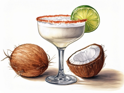 Illustration of a Cococnut Margarita with a toasted coconut rim and a lime wheel garnish