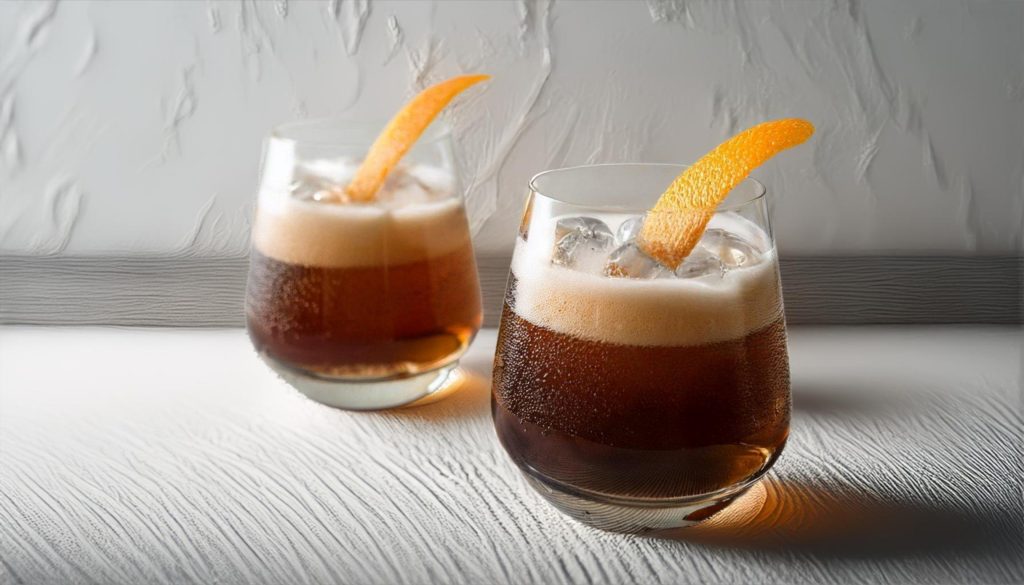 Two Aperitivo Espresso cocktails with orange peel twist garnish, textured white wall in background