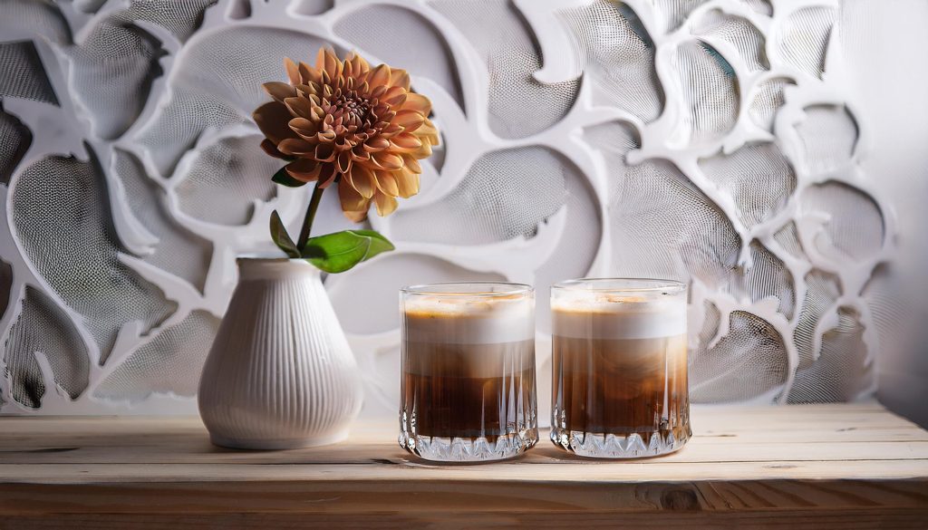 Two Espresso White Russian Cocktails next to a vase with a single brown flower, white textured background