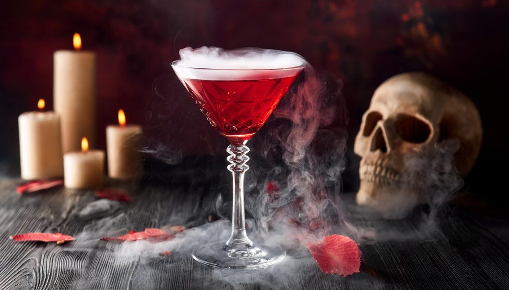 Close-up of a deep red smoking Vampire's Kiss vodka cocktail, candles and skull in the backgound