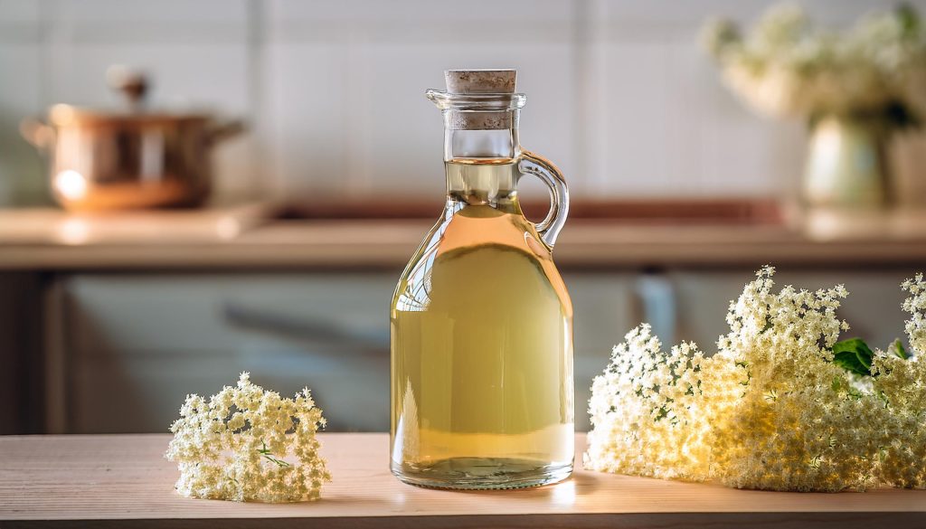 A bottle of elderflower cordial with cork top next to a bunch of elderflowers