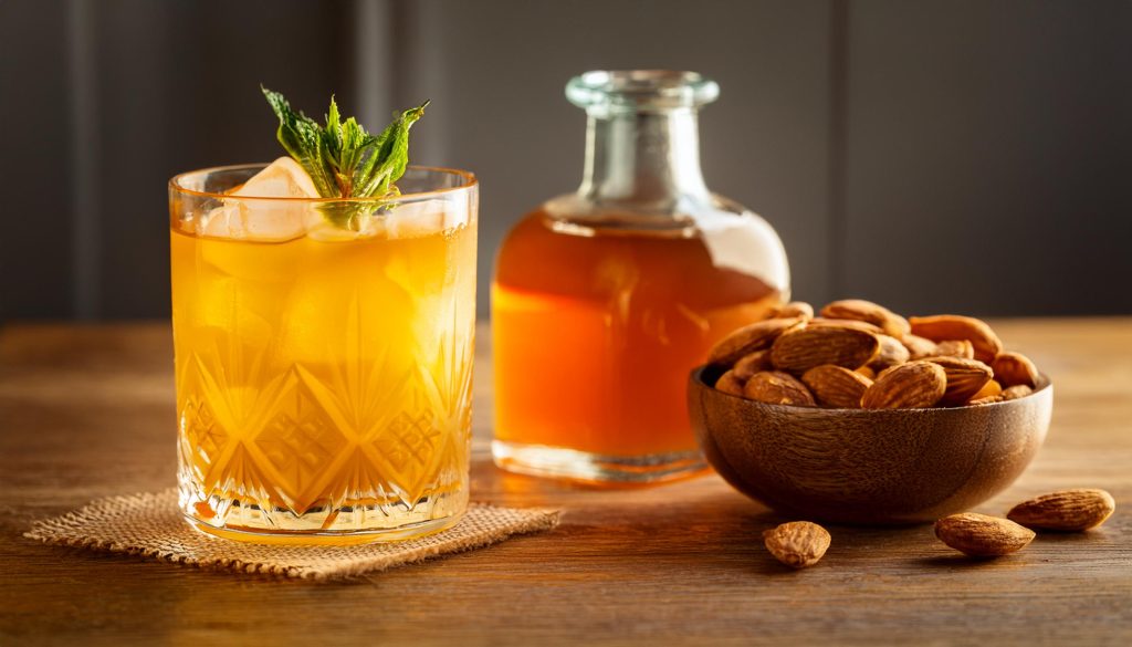 Close-up of a Mai Tai cocktail next to a bowl of almonds and homemade orgeat syrup