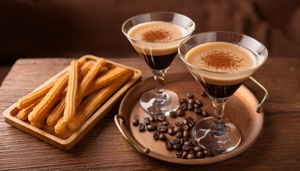 Two Tequila Espresso Martini Cocktails on a copper serving platter alongside a plate of churros in an inviting home setting