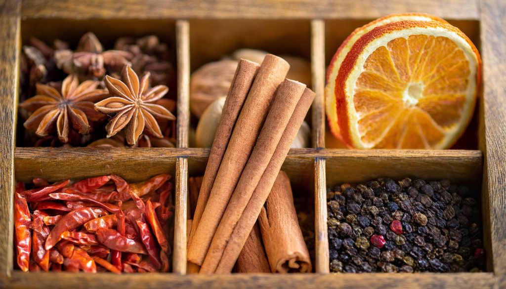 Top view of a tequila infusion kit featuring a variety of dried fruit and spices,. presented in a segmented wooden box