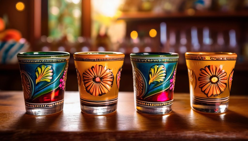 Close up of four pretty tequila glasses on a wooden counter in an inviting home setting