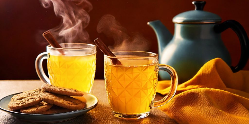 Two streaming Espolòn Tequila Hot Toddy cocktails in glass mugs with cinnamon garnish and blue kettle in the background