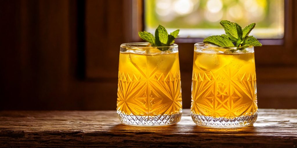 Two glasses filled with Trafalgar Punch garnished with lemon peel and fresh mint