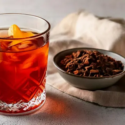 A London Fog cocktail on a textured white surface next to a bowl of cocoa nibs