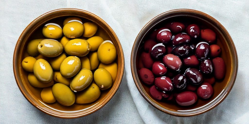 Top view close-up of two different bowls of olives in brine 