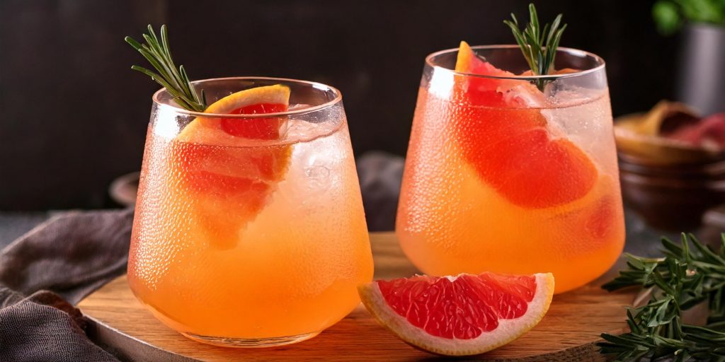 Two refreshing Paloma Mocktails with grapefruit garnish