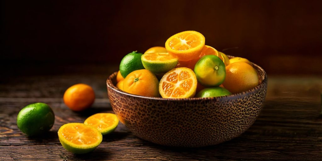 A rustic bowl filled with vibrant citrus fruits, including kumquats, limes, and calamansi, some sliced open to reveal their juicy interiors.