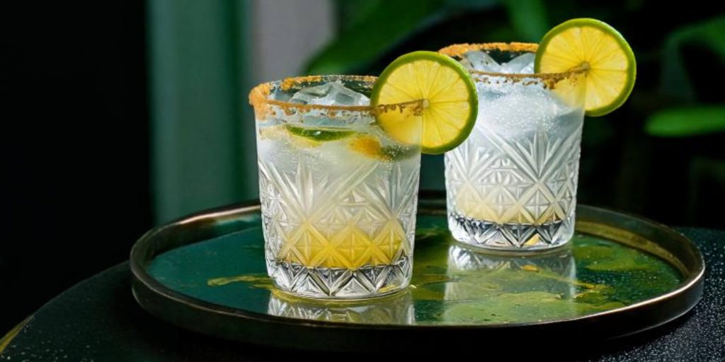 Two Sotol Margarita cocktails served in crystal glasses with a salted rim, layered with clear and golden tones, garnished with lime wheels, and set on a reflective surface.