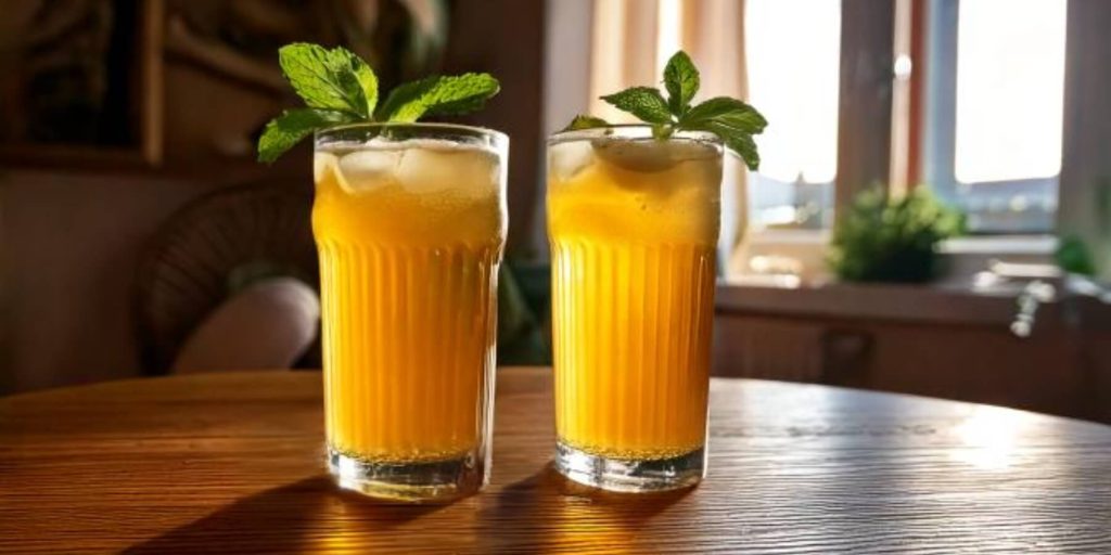 Two bright yellow Texas Buck cocktails served in tall glasses, garnished with fresh mint leaves, placed on a wooden table in a softly lit indoor setting.