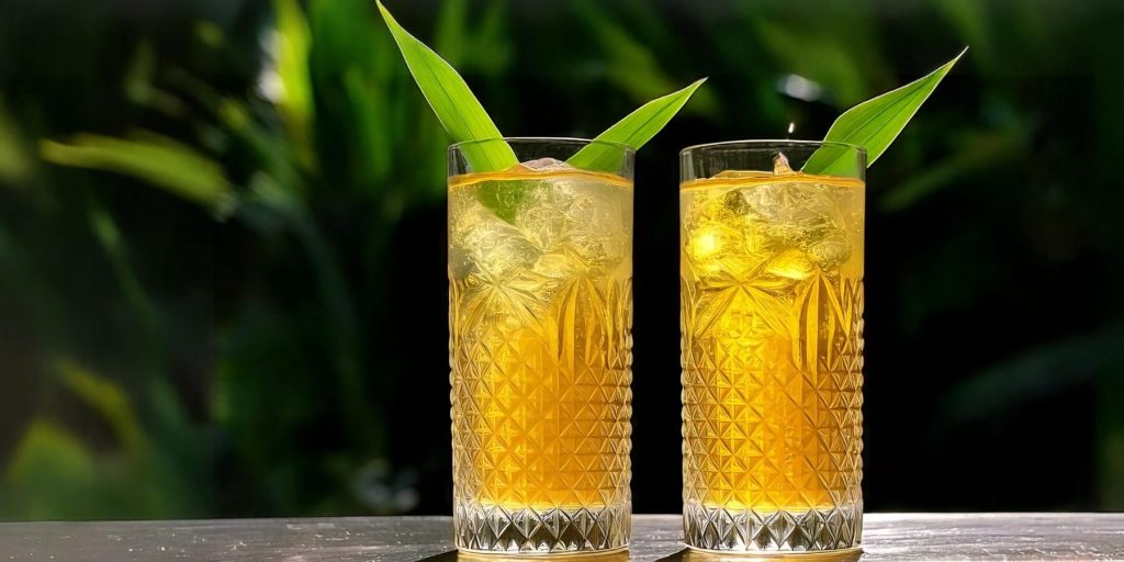 Two Dark Green 'n Stormy cocktails in tall, intricately designed glasses, garnished with vibrant pandan leaves, placed on a table with a green natural backdrop.