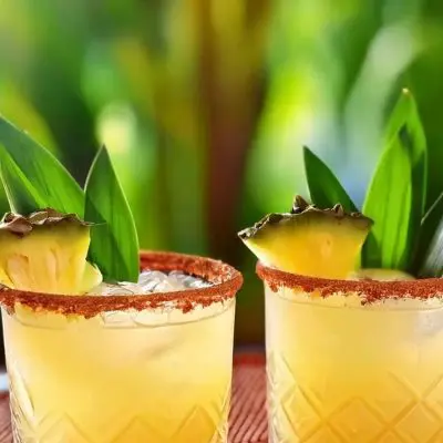 Two pandan cocktails served in vintage-style glasses with pineapple wedges and pandan leaves for garnish, set against a lush green outdoor background.