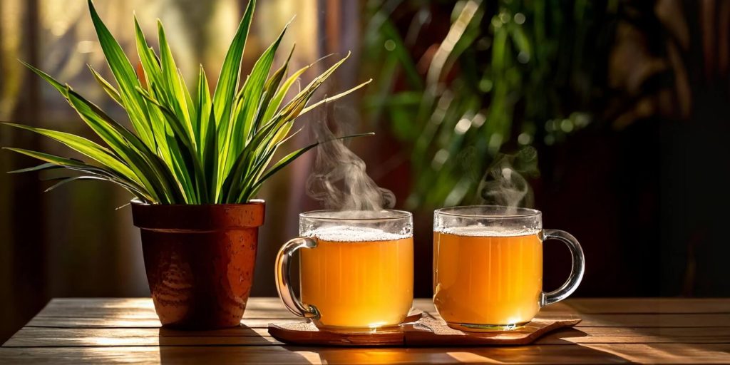 A warm and inviting scene featuring two glass mugs of steaming Pandan Hot Toddy on a wooden table, paired with a potted pandan plant in natural light, creating a cozy, tropical atmosphere.