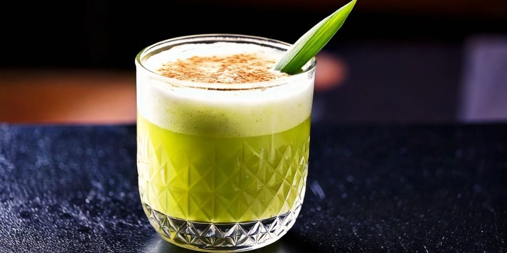 A foamy, light green cocktail garnished with a sprinkle of cinnamon and a pandan leaf, served in a crystal glass on a dark, glossy table.