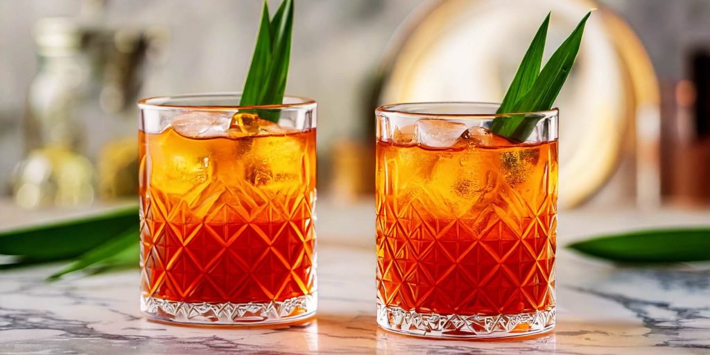 Two vibrant orange Negronis garnished with pandan leaves, served in crystal glasses filled with ice, set on a marble surface with golden tones in the background.