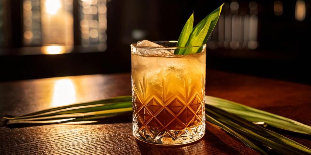 A rich golden cocktail garnished with fresh pandan leaves, served in a crystal tumbler filled with ice, placed on a wooden surface lit by a soft, warm glow.