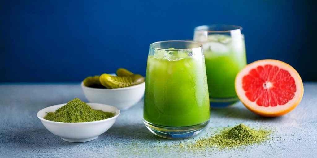 Two glasses filled with an icy green cocktail sit on a textured blue surface. The drink is surrounded by matcha powder, pickles, and a sliced grapefruit, hinting at the unique fusion of flavors.