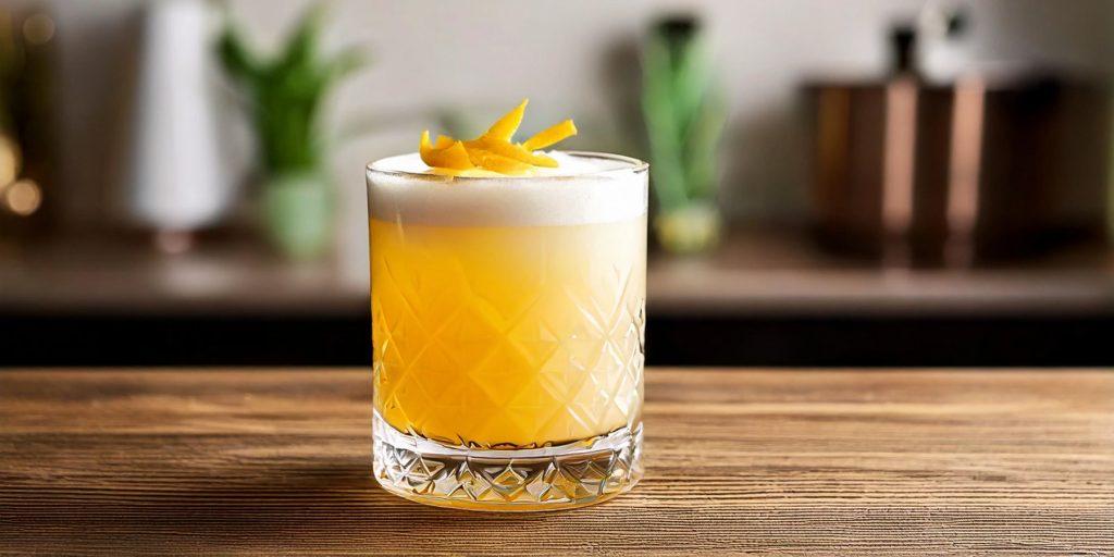 A short crystal glass holds a golden Japanese Sour cocktail, topped with a thick, frothy white foam. Delicate yuzu peel twists rest on top as a garnish. The scene is set on a warm wooden countertop, with a softly blurred kitchen background featuring copper cookware and green plants.