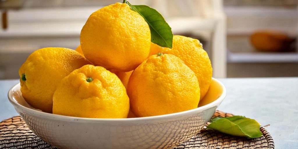 A ceramic bowl holds a pile of fresh, vibrant yellow yuzu fruits with their leaves still attached. The bright citrus tones contrast beautifully against the natural woven mat and soft background. 