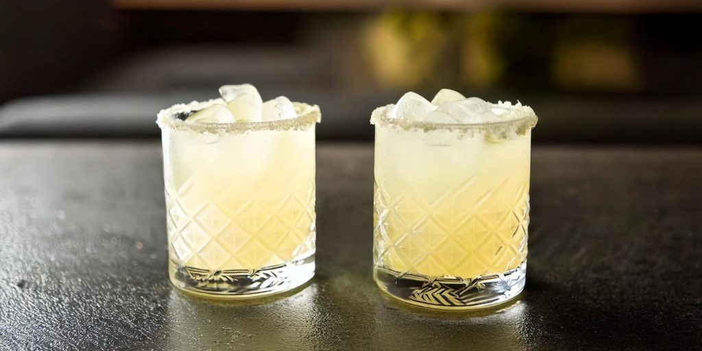 Two short glasses filled with a pale, citrusy margarita sit side by side on a dark surface. The rims are coated with a fine salt crust, and ice cubes glisten under soft lighting.