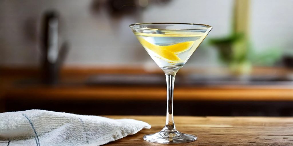 A sleek martini glass holds a clear, elegant yuzu martini with delicate lemon peels floating inside. A soft kitchen scene with wooden accents and a folded cloth napkin sits in the background.