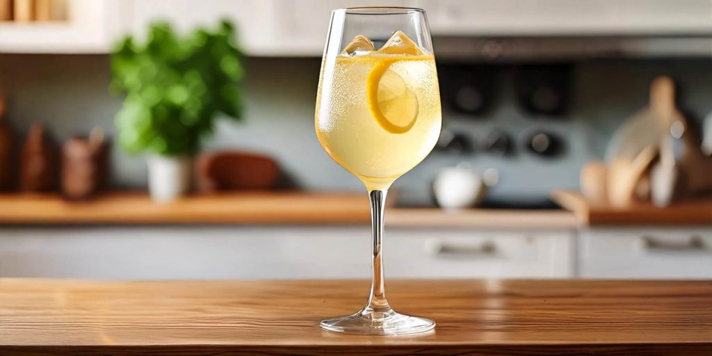 A tall-stemmed wine glass filled with a sparkling, pale yellow yuzu spritz cocktail. A thin lemon slice curls around the ice cubes, adding a citrusy touch. The background features a cozy kitchen setting with wooden countertops and green plants.