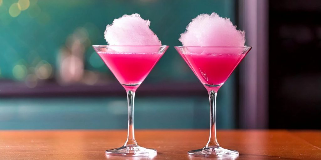 Two martini glasses filled with a bold pink cocktail, topped with a fluffy cloud of pink cotton candy. The background features a softly lit teal-colored setting, creating a playful and whimsical atmosphere.