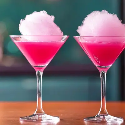 Two martini glasses filled with a bold pink cocktail, topped with a fluffy cloud of pink cotton candy. The background features a softly lit teal-colored setting, creating a playful and whimsical atmosphere.