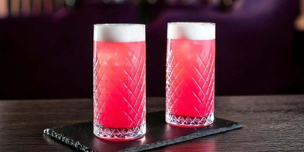 Two tall glasses with a diamond-cut pattern, filled with a bright pink gin fizz cocktail, topped with a frothy white foam. The drinks sit on a dark slate serving board, with a softly lit background adding a moody ambiance.