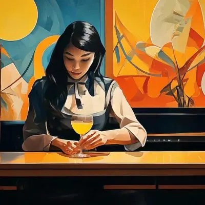 Painting of a beautiful Asian woman making serving a yuzu cocktail behind a bar