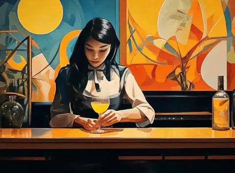 Painting of a beautiful Asian woman making serving a yuzu cocktail behind a bar