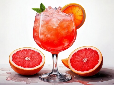 Colour illustration of a vibrant Frozen Aperol Paloma