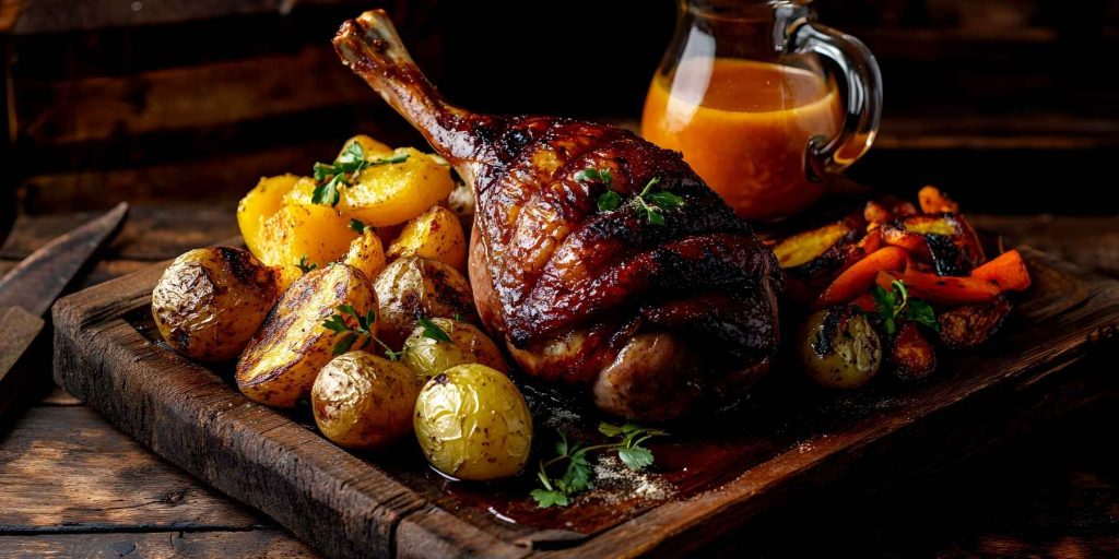 A succulent roasted duck leg with a crispy glaze, served on a wooden board with roasted potatoes, carrots, and a rich sauce in a glass jug. Image by Kraiwit. 