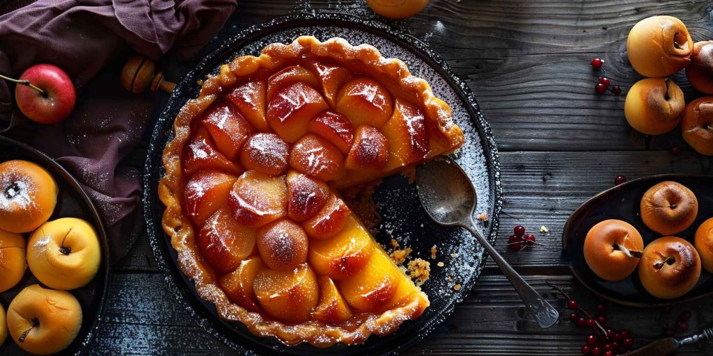 A beautifully caramelized Tarte Tatin with glistening apple slices, dusted with powdered sugar, served on a rustic wooden table with fresh apples. Image by Aimages.