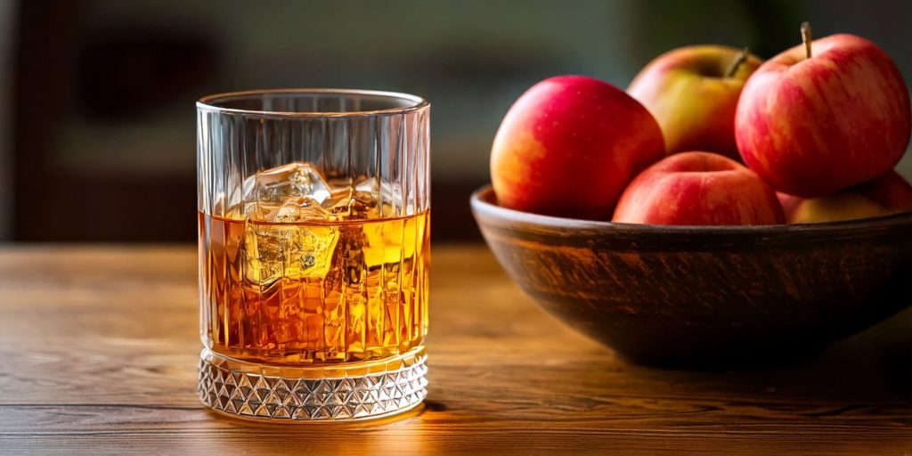 Close-up of a glass of Calvados next to a bowl of red apples