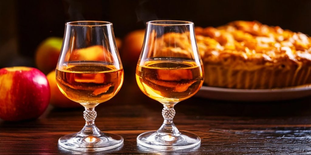 Close-up of two glasses of Calvados brandy with an apple pie in the background