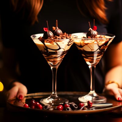 Woman serving a tray of decadent chocolate martinis
